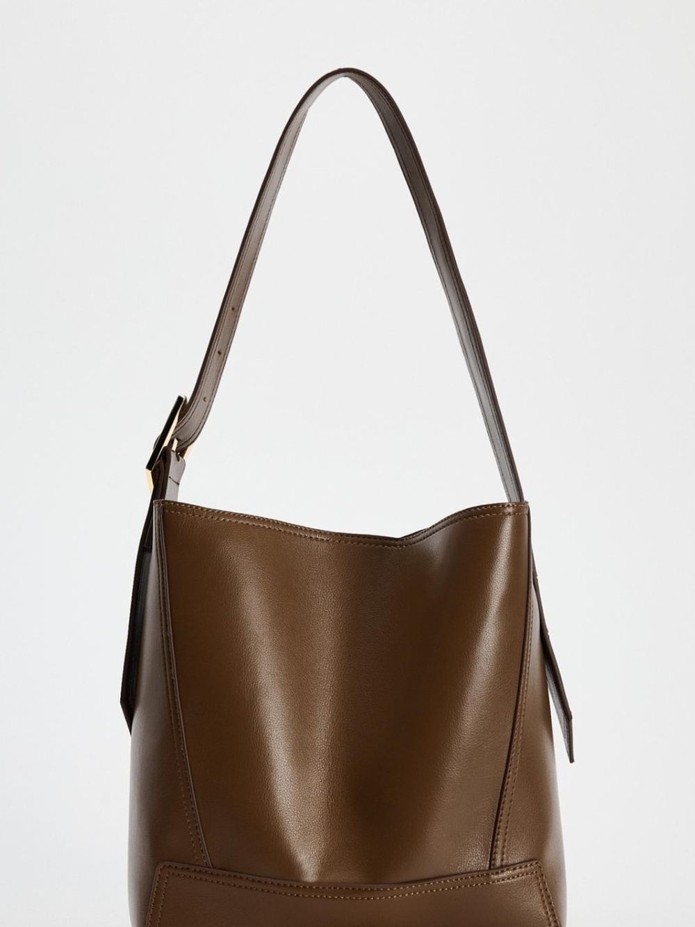 Zara Brown Smooth Leather Bucket Shoulder Bag with Gold Accent - Picture 1 of 3